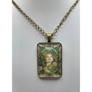 Art Nouveau Lady Pendant Necklace With Antique Brass Chain